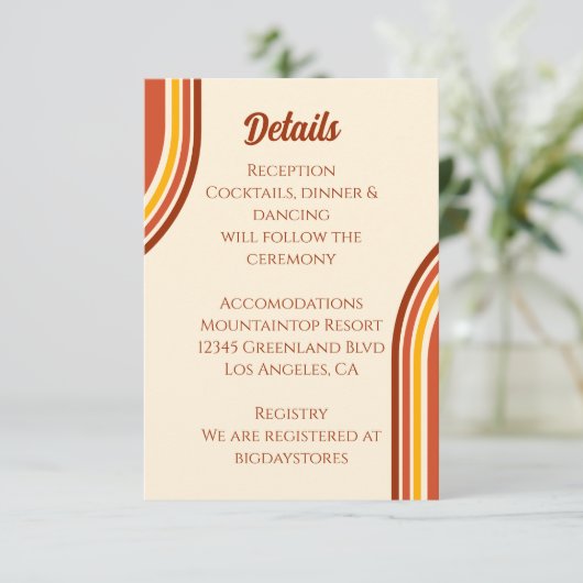 Retro 70s Rainbow Groovy Arch Wedding Details Informatiekaartje (Staand voorkant)