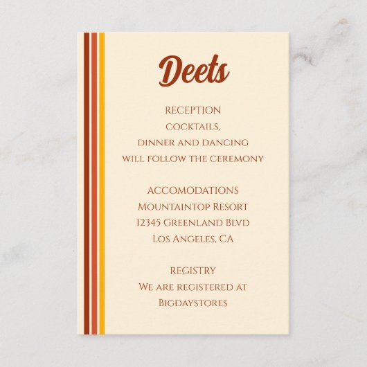 Retro 70s Rainbow Groovy Terracotta Oranje bruilof Informatiekaartje (Voorkant)