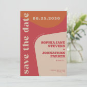 Retro 70s red orange beige wedding save the date (Staand voorkant)