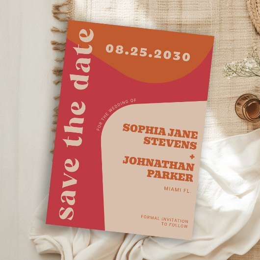 Retro 70s rood oranje beige bruiloft save the date
