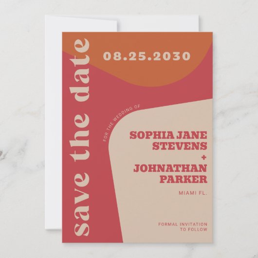 Retro 70s rood oranje beige bruiloft save the date (Voorkant)