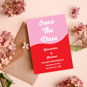 Retro 70s Roze en Rode Neon Bruiloft Save The Date