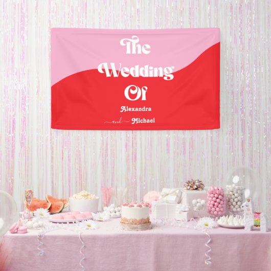 Retro 70s Roze en Rode Neon Bruiloft Spandoek (Feest)