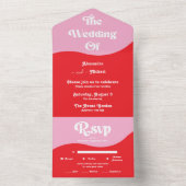 Retro 70s Roze en Rode Neon Wedding All In One Uitnodiging (Binnen)