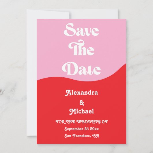 Retro 70s Roze en Rode Neon Wedding Save The Date (Voorkant)