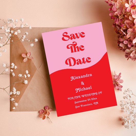 Retro 70s Roze en Rode Neon Wedding sparen de Datu Save The Date
