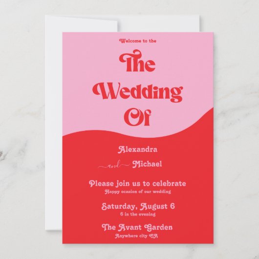 Retro 70s Roze en Rode Neon Wedding Uitnodiging (Voorkant)