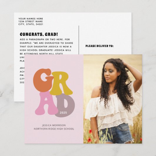 Retro 70s Roze Foto Afstuderen Briefkaart (Voorkant / Achterkant)