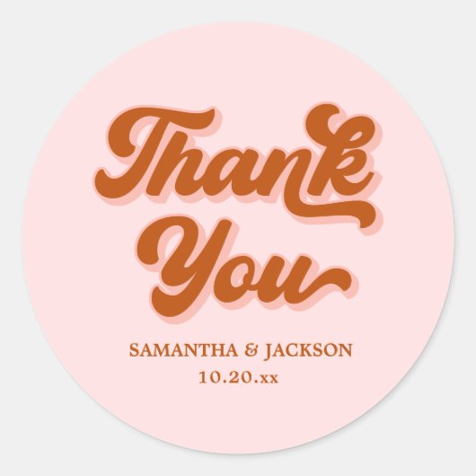 Retro 70s Roze Rood Sinaasappel Dank je bruiloft Ronde Sticker (Voorkant)