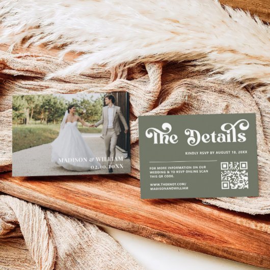 Retro 70s Sage Groene Bruiloft Website QR Code Informatiekaartje