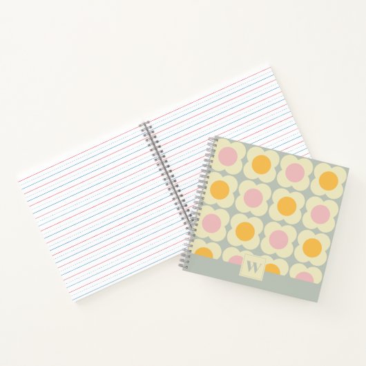Retro 70s Scandi Flowers - Pink and Yellow on Gray Notitieboek (Binnen)