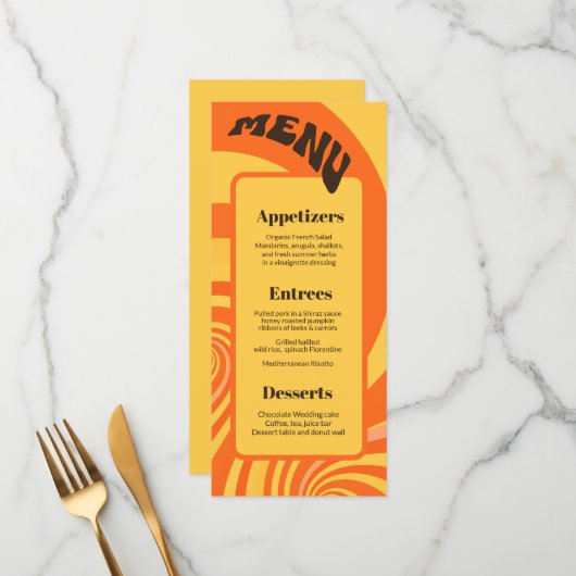 Retro 70s Sinaasappel Geel 3 gangen Bruiloft Menu (Voorkant / Achterkant in situ)