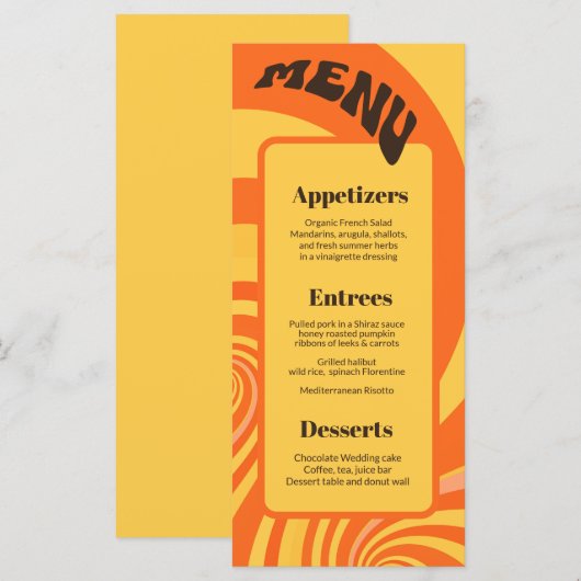 Retro 70s Sinaasappel Geel 3 gangen Bruiloft Menu (Voorkant / Achterkant)