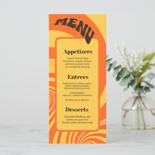 Retro 70s Sinaasappel Geel 3 gangen Bruiloft Menu (Staand voorkant)