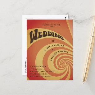 Retro 70s Sinaasappel Geel QR Code Huwelijk Briefkaart