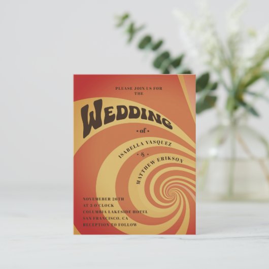 Retro 70s Sinaasappel Geel QR Code Huwelijk Briefkaart (Staand voorkant)