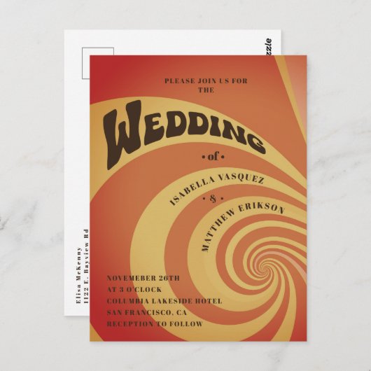 Retro 70s Sinaasappel Geel QR Code Huwelijk Briefkaart (Voorkant / Achterkant)