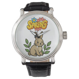 Retro 70s Spring Bunny Graphic Design Horloge