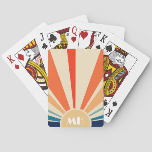 Retro 70s Starburst Sunrise Strepen Monogram   Pokerkaarten