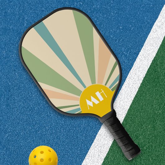 Retro 70s Starburst Sunrise Stripes Monogram Pickleball Paddle