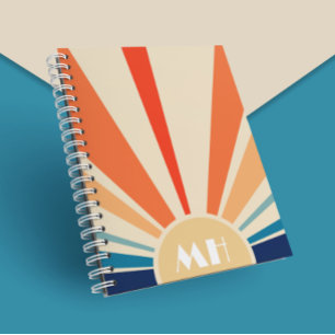 Retro 70s Starburst Zonsopgang Strepen Monogram   Notitieboek