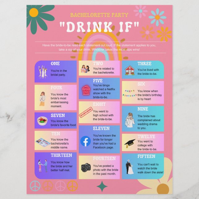 Retro 70's stijl Bachelorette Party Drink Als spel (Voorkant)