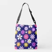 Retro 70s Stijl Bloem LG Patroon op Donkerblauw Crossbody Tas (Achterkant)
