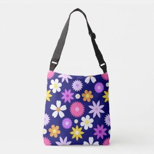 Retro 70s Stijl Bloem LG Patroon op Donkerblauw Crossbody Tas