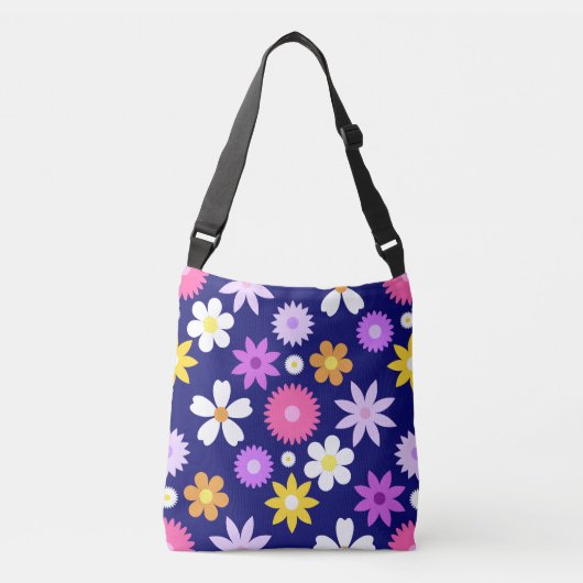 Retro 70s Stijl Bloem LG Patroon op Donkerblauw Crossbody Tas (Voorkant)