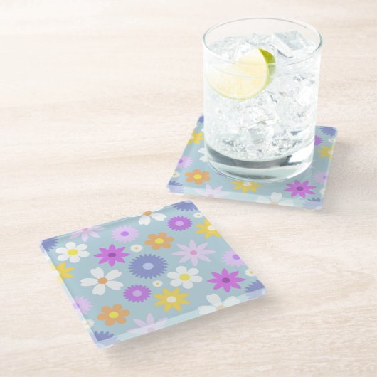 Retro 70s stijl bloem LG patroon pastel kleuren Glazen Onderzetter (Schuin)