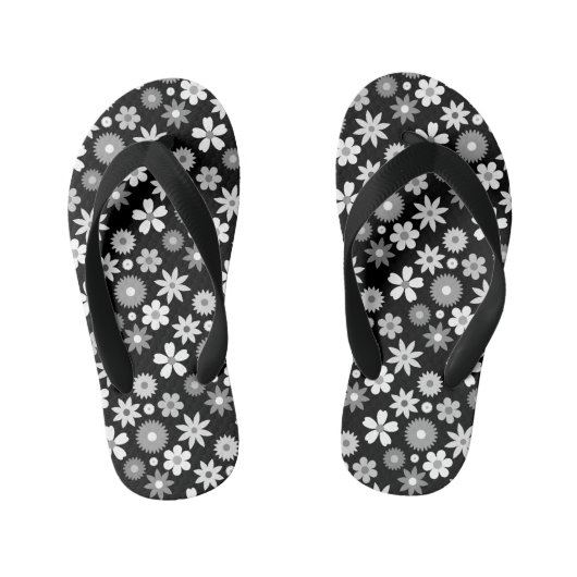 Retro 70s Stijl Bloem Monochroom RPT Patroon Kinder Teenslippers (Voetbed)
