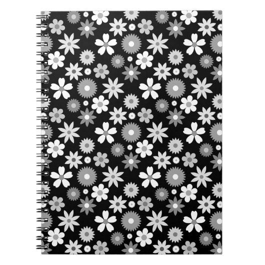 Retro 70s Stijl Bloem Monochroom RPT Patroon Notitieboek (Voorkant)