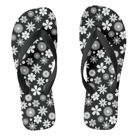 Retro 70s Stijl Bloem Monochroom RPT Patroon Teenslippers (Voetbed)