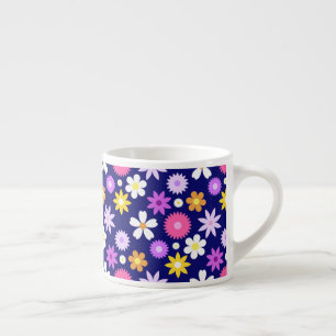 Retro 70s Stijl Bloem RPT Patroon op Donkerblauw Espresso Kop