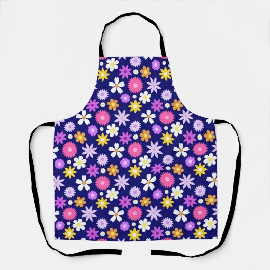 Retro 70s Stijl Bloem RPT Patroon op Donkerblauw Schort (Voorkant)