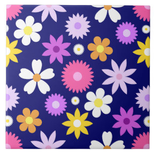 Retro 70s Stijl Bloem RPT Patroon op Donkerblauw Tegeltje