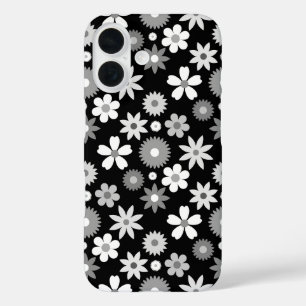 Retro 70s stijl bloem zwart-wit patroon iPhone 16 hoesje