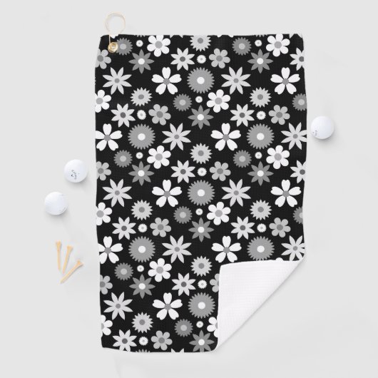 Retro 70s stijl bloem zwart-wit patroon golfhanddoek (Insitu)