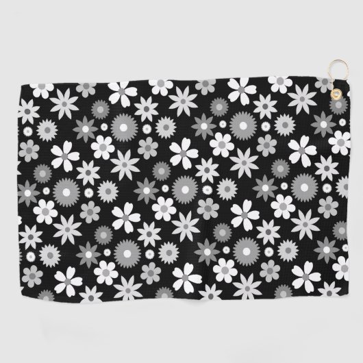 Retro 70s stijl bloem zwart-wit patroon golfhanddoek (Horizontaal)