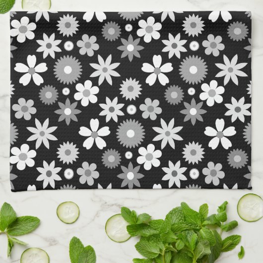 Retro 70s stijl bloem zwart-wit patroon theedoek (Gevouwen)