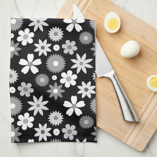 Retro 70s stijl bloem zwart-wit patroon theedoek (Quarter Fold)