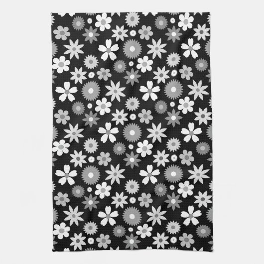 Retro 70s stijl bloem zwart-wit patroon theedoek (Verticaal)