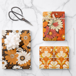 Retro 70s stijl bloemenpatroon inpakpapier vel