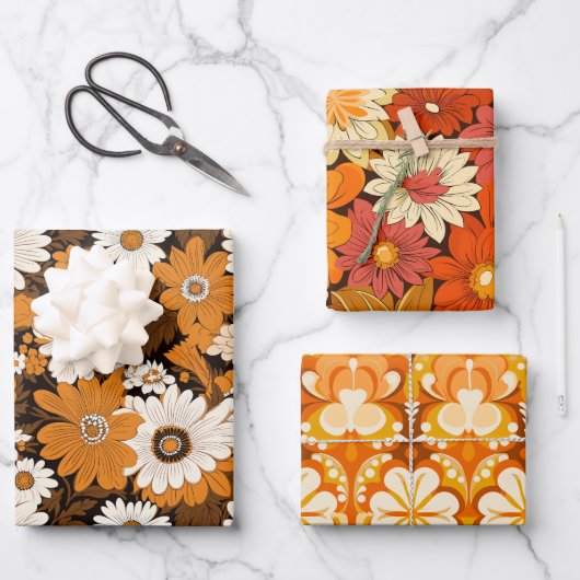 Retro 70s stijl bloemenpatroon inpakpapier vel (Voorkant)