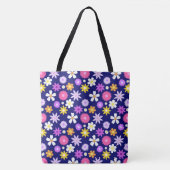 Retro 70s stijl bloemenpatroon op donkerblauw tote bag (Voorkant)