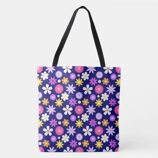 Retro 70s stijl bloemenpatroon op donkerblauw tote bag (Voorkant)