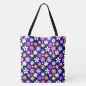 Retro 70s stijl bloemenpatroon op donkerblauw tote bag (Achterkant)