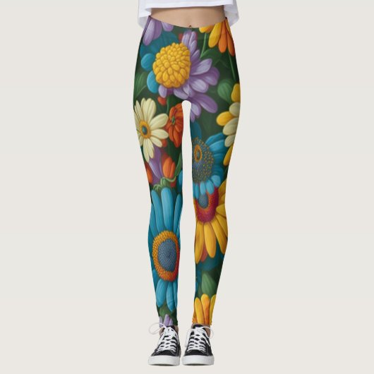 Retro 70s stijl kleurrijke madeliefjes leggings (Voorkant)