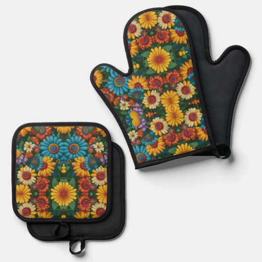 Retro 70s stijl kleurrijke madeliefjes ovenwant & pannenlap set (Voorkant / Achterkant)