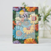 Retro 70s stijl kleurrijke madeliefjes RSVP kaartje (Staand voorkant)